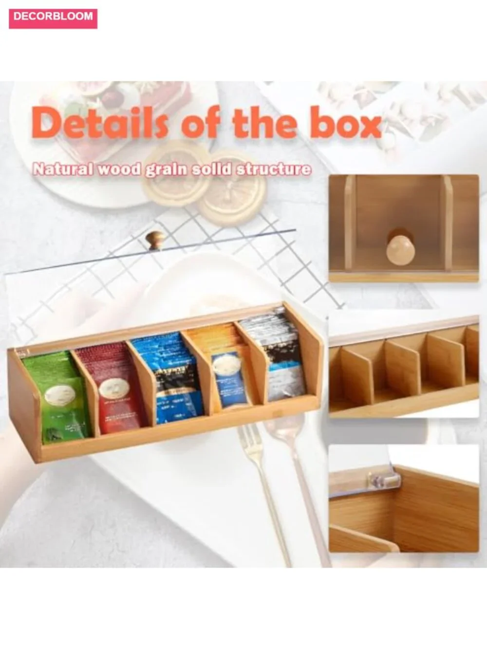 Bamboo Tea Bag Organizer with 5 Compartments and Acrylic Window Countertop